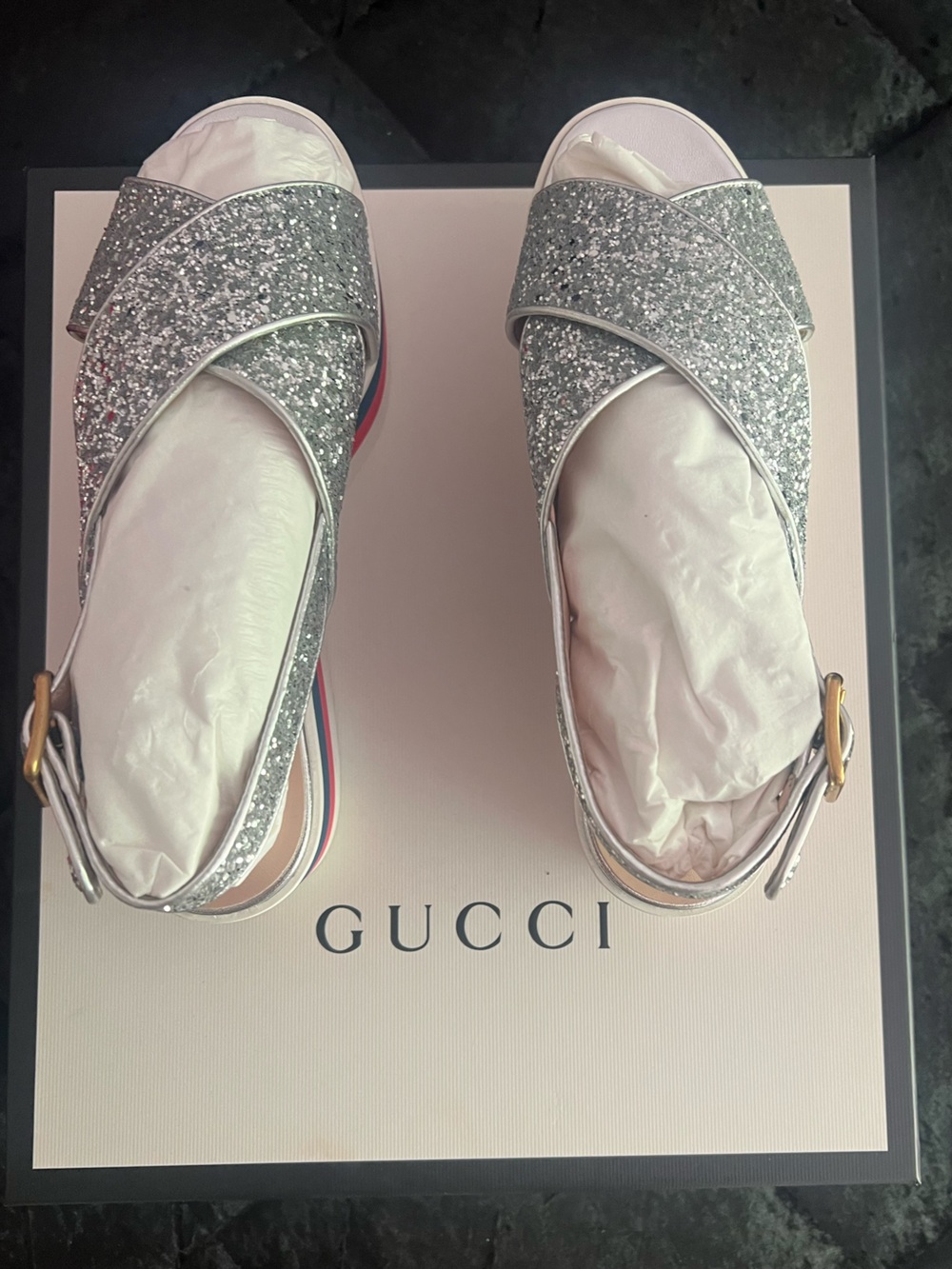 Gucci Silver Glitter Slingback platform sandals